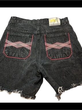Black JEAN Shorts cyber GOTH RED white embroidered grunge skater Mens 30 Cut Off